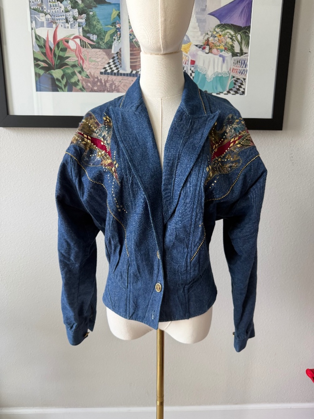 Vintage 80s City Girl Sport Cropped Shoulder Pad Denim Bomber Jacket MADE IN USA